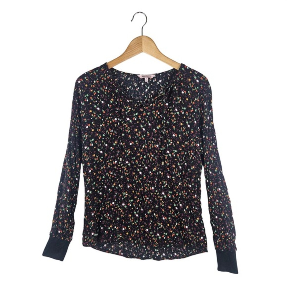 Juicy Couture Black Floral Print Long Sleeve‎ Smocked V Neck Tie Top S